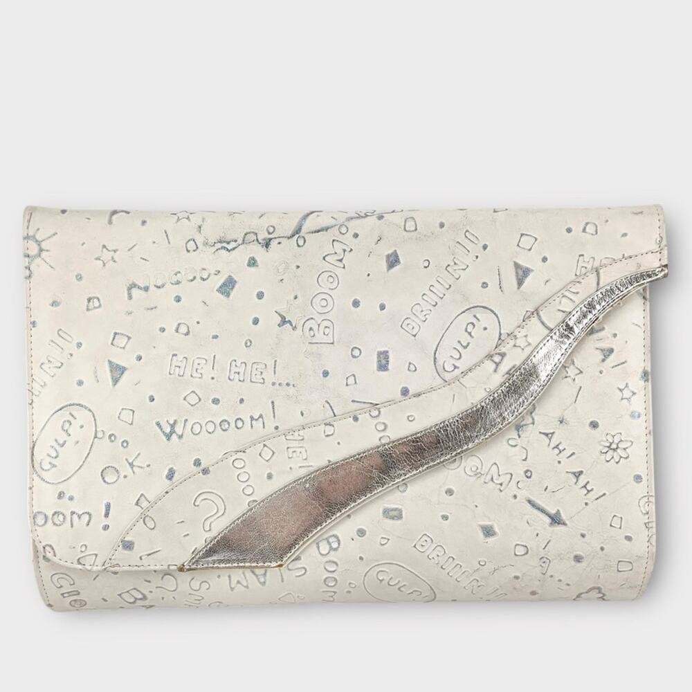 VINTAGE unique comic book inspired white/silver envelope clutch purse - Picture 2 of 6